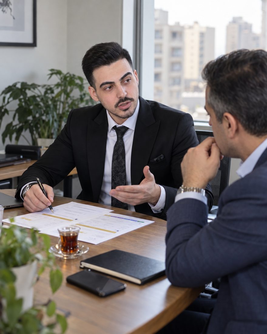 مرتضی شایق در حال توضیح نقشهٔ سرمایه به یک مراجع
